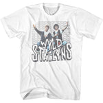 White T-shirt featuring Bill and Ted sitting against a brick wall with large “Wyld Stallyns” lettering across the front
