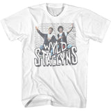 White T-shirt featuring Bill and Ted sitting against a brick wall with large “Wyld Stallyns” lettering across the front