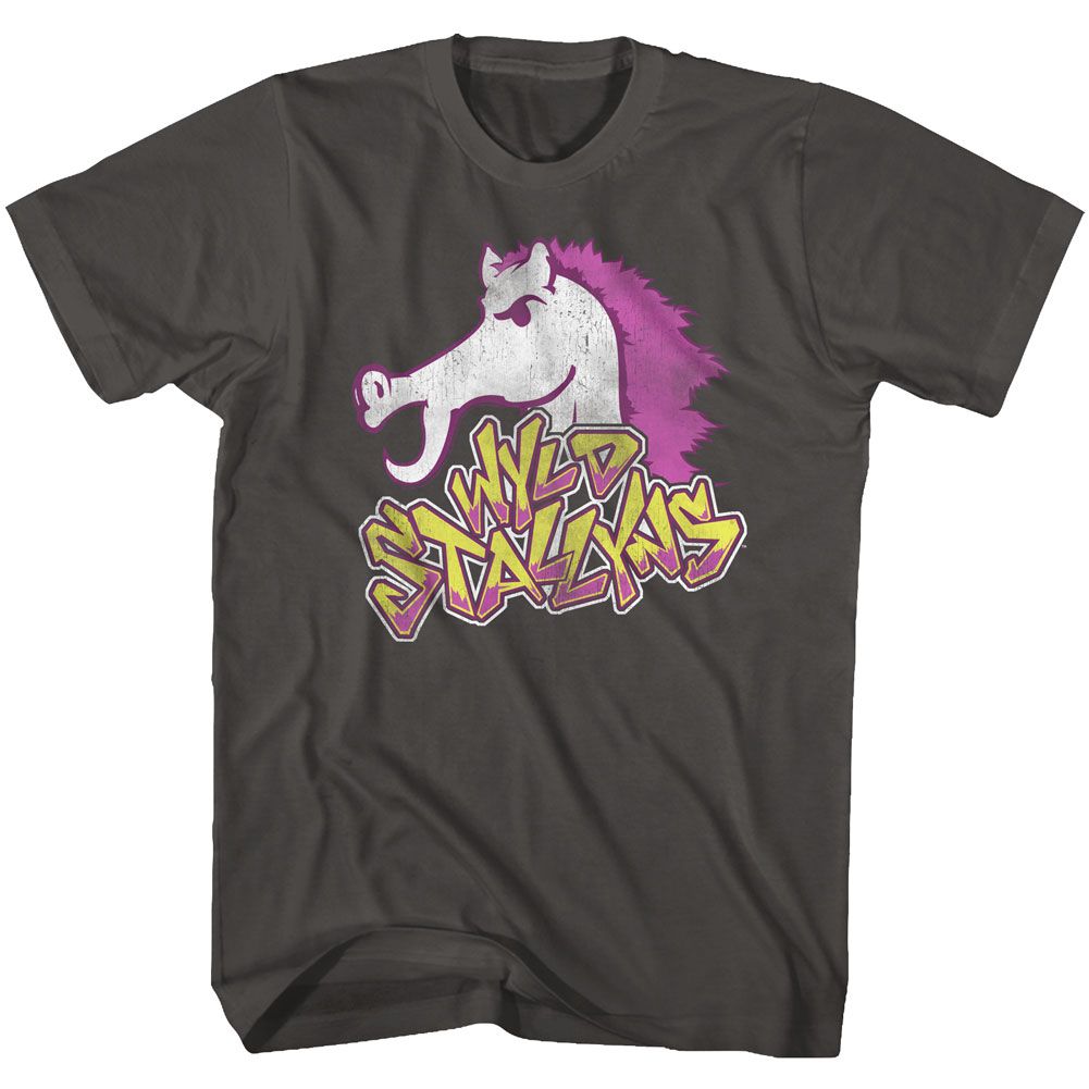 Wyld Stallyns band logo with stylized horse graphic printed on a dark gray T-shirt