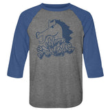 Heather gray and blue raglan shirt featuring a stylized horse head graphic above “Wyld Stallyns” lettering