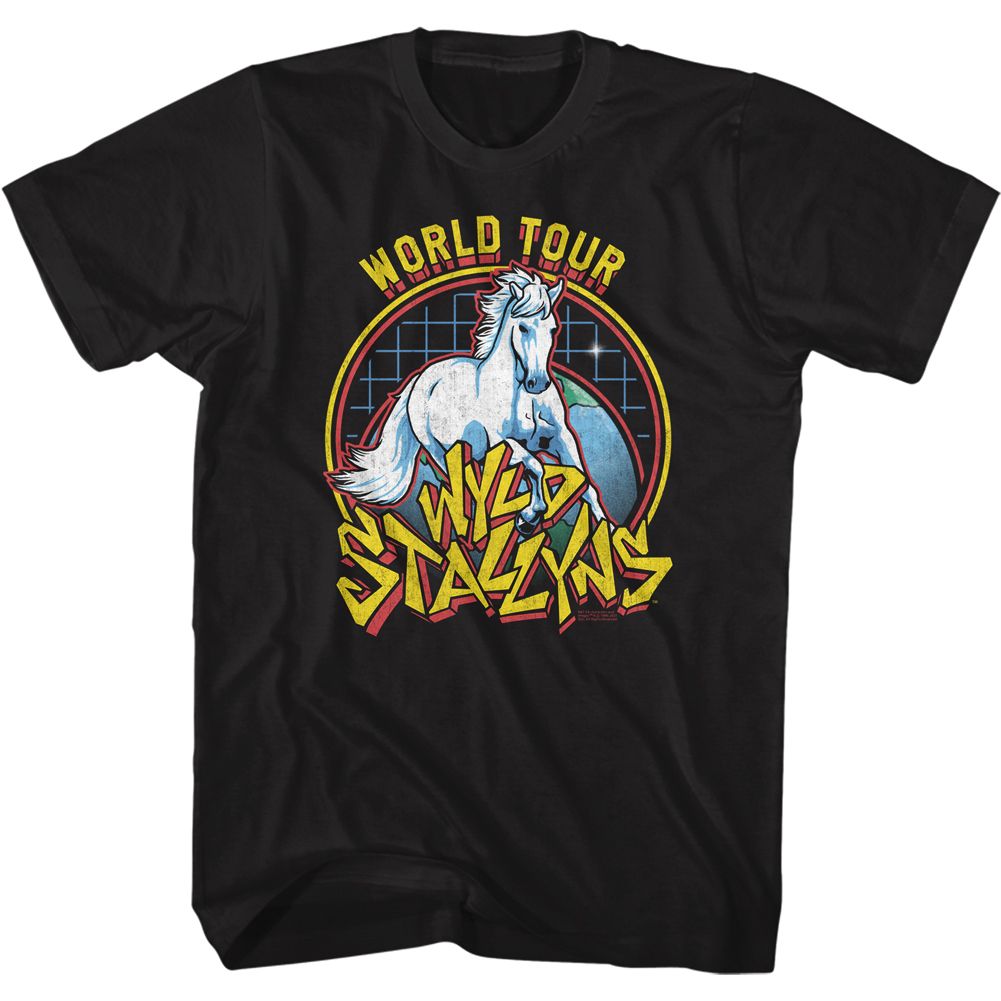 Bill and Ted’s Excellent Adventure Wyld Stallyns World Tour graphic printed on a black T-shirt