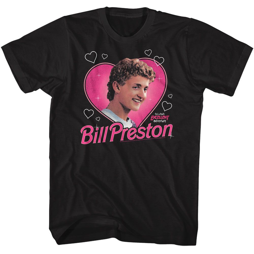 Black graphic t-shirt featuring Bill Preston inside a pink heart with white doodle hearts and Bill & Ted’s Excellent Adventure branding.