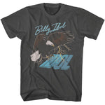 Charcoal gray T-shirt featuring a flying eagle and lightning graphic above a retro Billy Idol logo in light blue text.