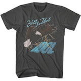 Charcoal gray T-shirt featuring a flying eagle and lightning graphic above a retro Billy Idol logo in light blue text.
