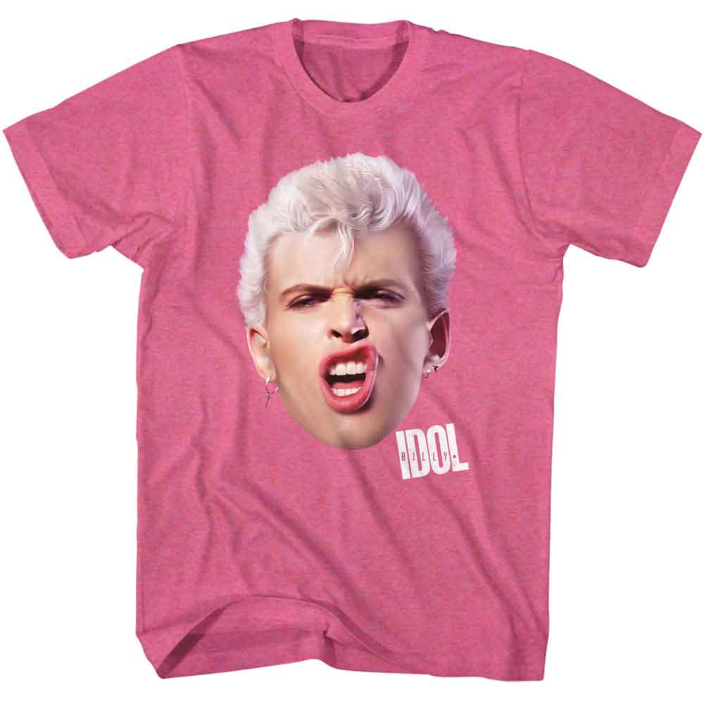 Pink T-shirt featuring a large close-up of Billy Idol’s face with the “IDOL” logo printed below.