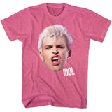 Pink T-shirt featuring a large close-up of Billy Idol’s face with the “IDOL” logo printed below.