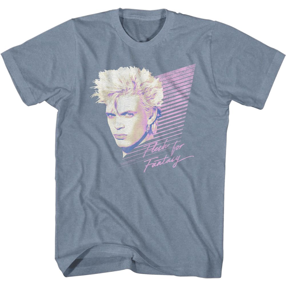 Light blue T-shirt featuring a pastel 80s-style Billy Idol portrait with “Flesh for Fantasy” text in pink retro script.