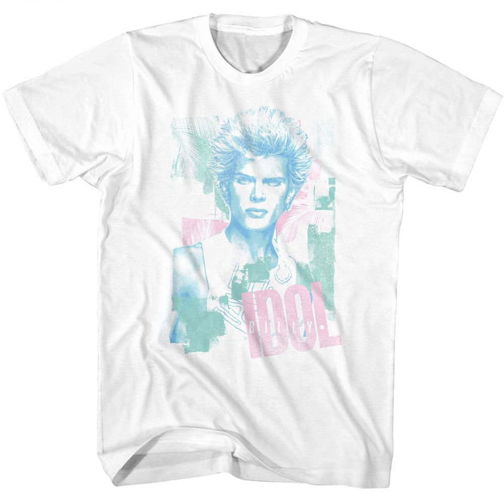 White T-shirt featuring a pastel blue and pink pop art-style portrait of Billy Idol with his name printed below.