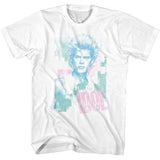 White T-shirt featuring a pastel blue and pink pop art-style portrait of Billy Idol with his name printed below.
