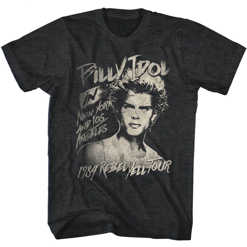 Black T-shirt featuring a vintage-style Billy Idol portrait with text referencing the 1984 Rebel Yell Tour in New York and Los Angeles.