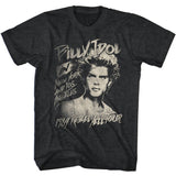 Black T-shirt featuring a vintage-style Billy Idol portrait with text referencing the 1984 Rebel Yell Tour in New York and Los Angeles.