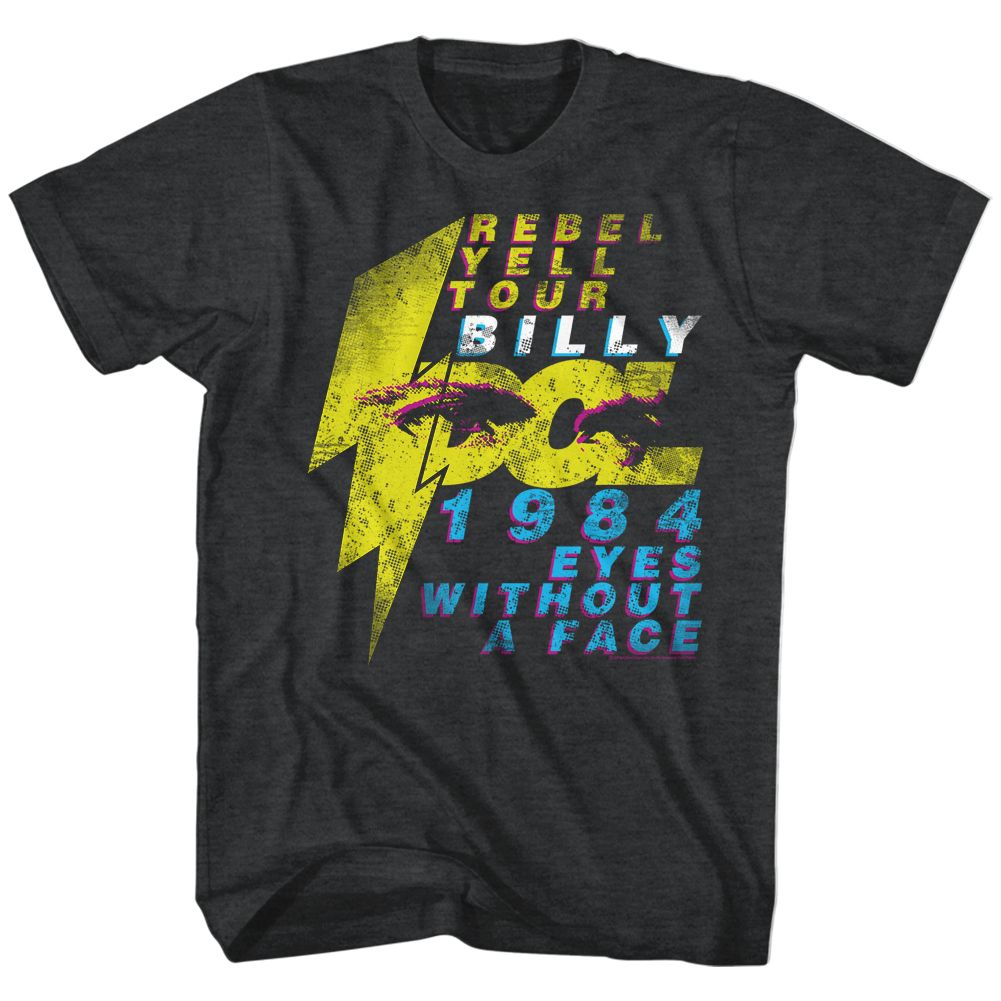 Black T-shirt featuring Billy Idol’s 1984 Rebel Yell Tour “Eyes Without a Face” graphic with neon lightning bolt design.