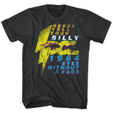 Black T-shirt featuring Billy Idol’s 1984 Rebel Yell Tour “Eyes Without a Face” graphic with neon lightning bolt design.