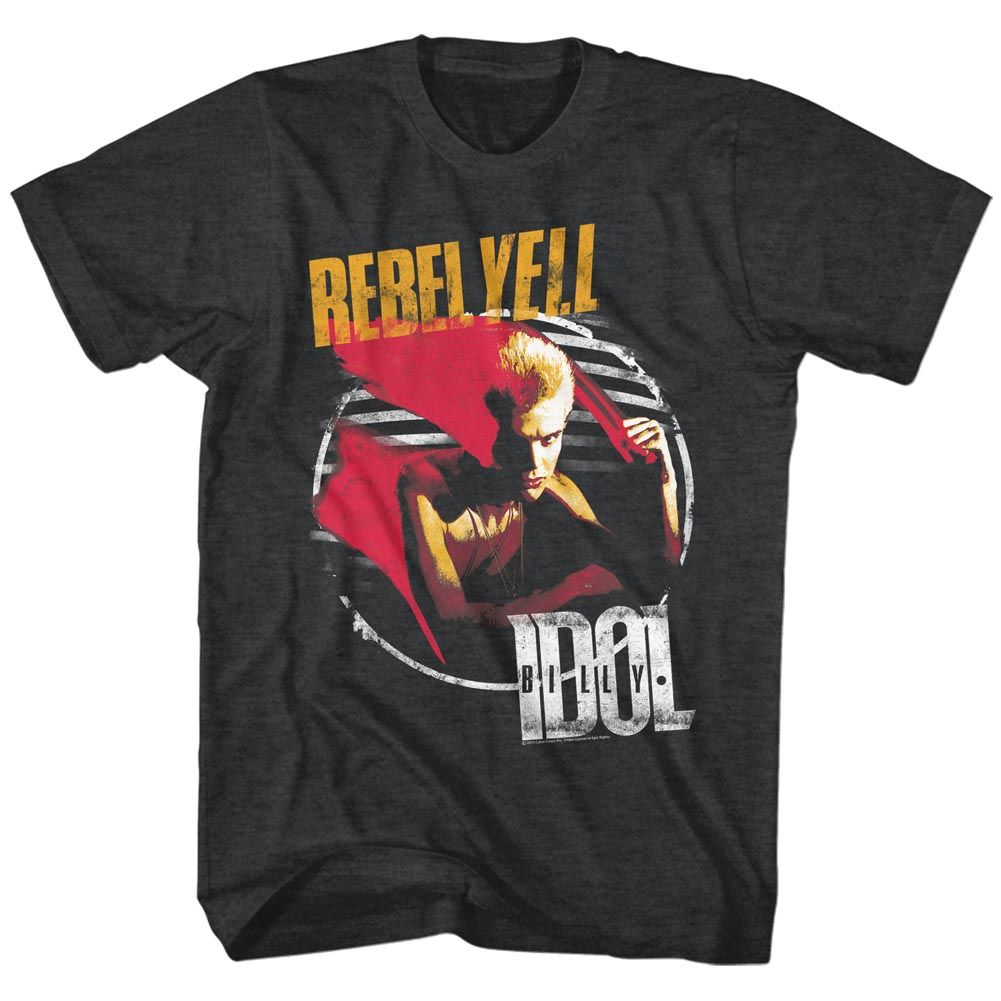 Black T-shirt featuring Billy Idol’s “Rebel Yell” album artwork in distressed vintage style.