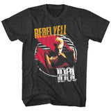 Black T-shirt featuring Billy Idol’s “Rebel Yell” album artwork in distressed vintage style.