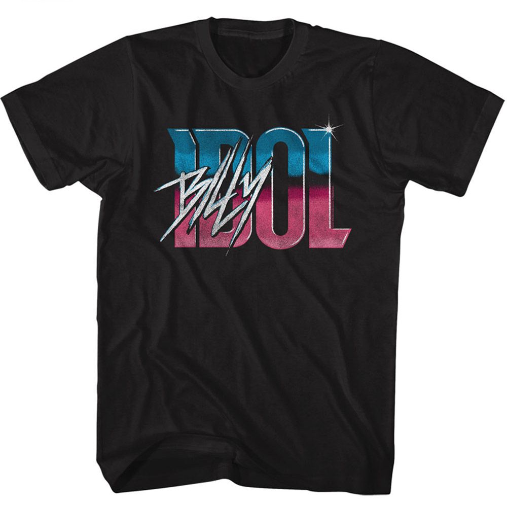 Black T-shirt featuring Billy Idol logo in a blue and pink gradient with a retro 80s metallic design.