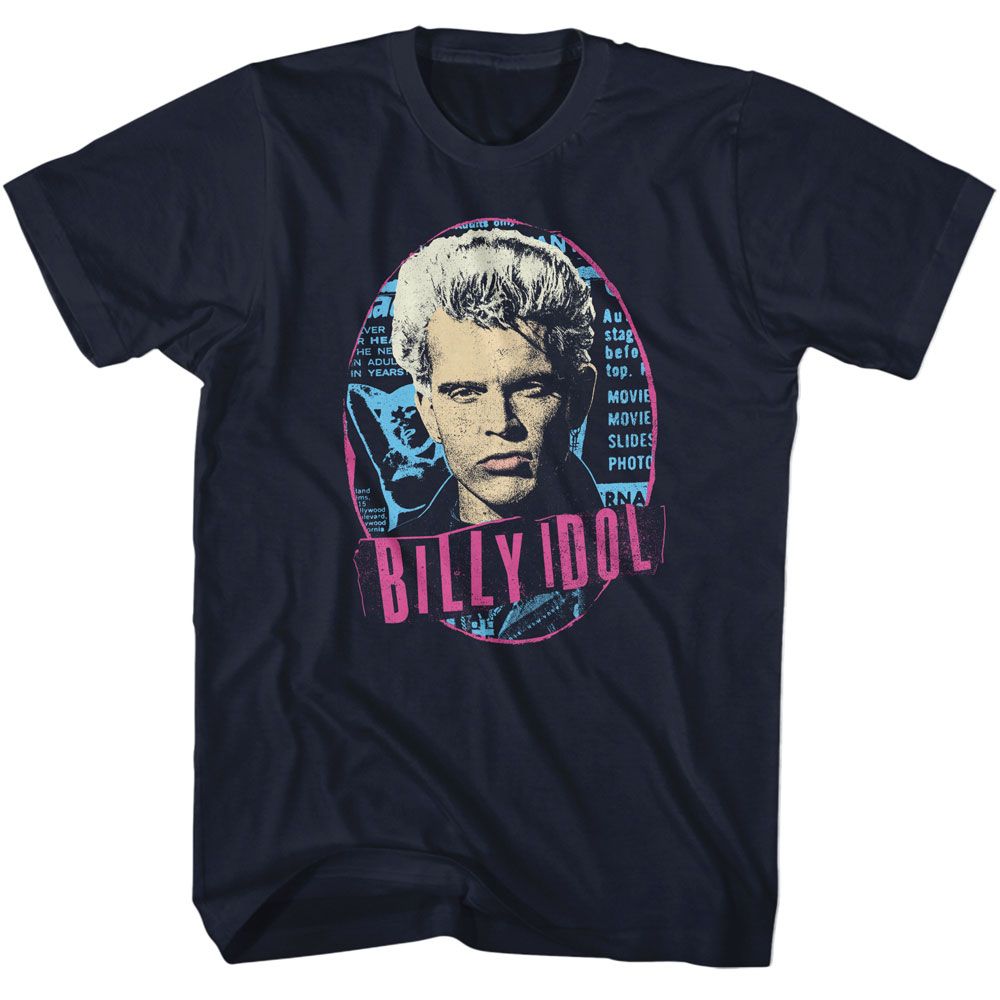 Black T-shirt featuring a vintage photo of Billy Idol with bold pink and blue retro-style graphics.