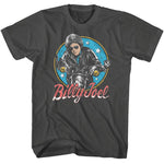 Dark gray T-shirt featuring a vintage illustration of Billy Joel riding a motorcycle inside a star-ringed circular design.