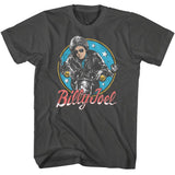Dark gray T-shirt featuring a vintage illustration of Billy Joel riding a motorcycle inside a star-ringed circular design.