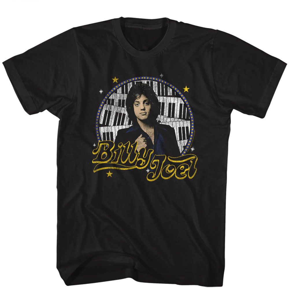 Black T-shirt featuring a vintage portrait of Billy Joel framed by piano keys and star accents.