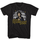Black T-shirt featuring a vintage portrait of Billy Joel framed by piano keys and star accents.