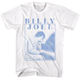 Vintage blue-toned photo of Billy Joel playing piano printed on a white T-shirt
