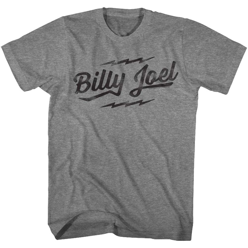 Heather gray T-shirt featuring a distressed Billy Joel script logo with lightning bolt accents.