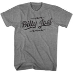 Heather gray T-shirt featuring a distressed Billy Joel script logo with lightning bolt accents.