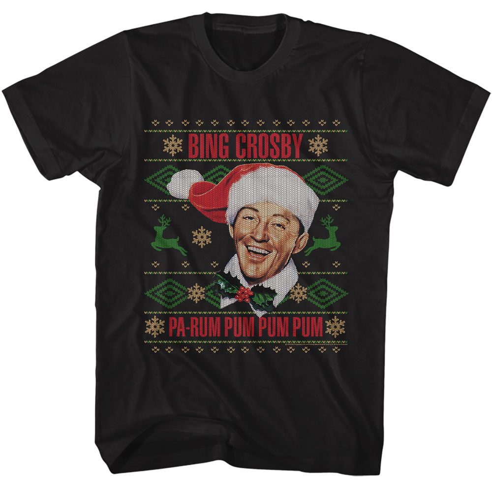 Black T-shirt featuring Bing Crosby in a Santa hat with festive holiday graphics and the phrase “Pa-Rum Pum Pum Pum.”