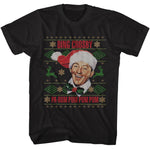 Black T-shirt featuring Bing Crosby in a Santa hat with festive holiday graphics and the phrase “Pa-Rum Pum Pum Pum.”
