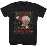 Black T-shirt featuring Bing Crosby in a Santa hat with festive holiday graphics and the phrase “Pa-Rum Pum Pum Pum.”