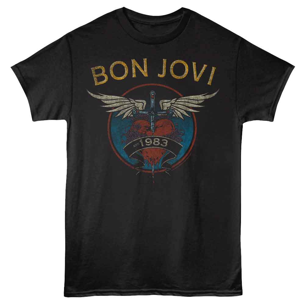 Black Bon Jovi T-shirt featuring a winged heart and dagger graphic with “Est. 1983” text in a distressed vintage style.