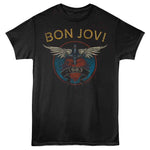 Black Bon Jovi T-shirt featuring a winged heart and dagger graphic with “Est. 1983” text in a distressed vintage style.