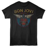 Black Bon Jovi T-shirt featuring a winged heart and dagger graphic with “Est. 1983” text in a distressed vintage style.