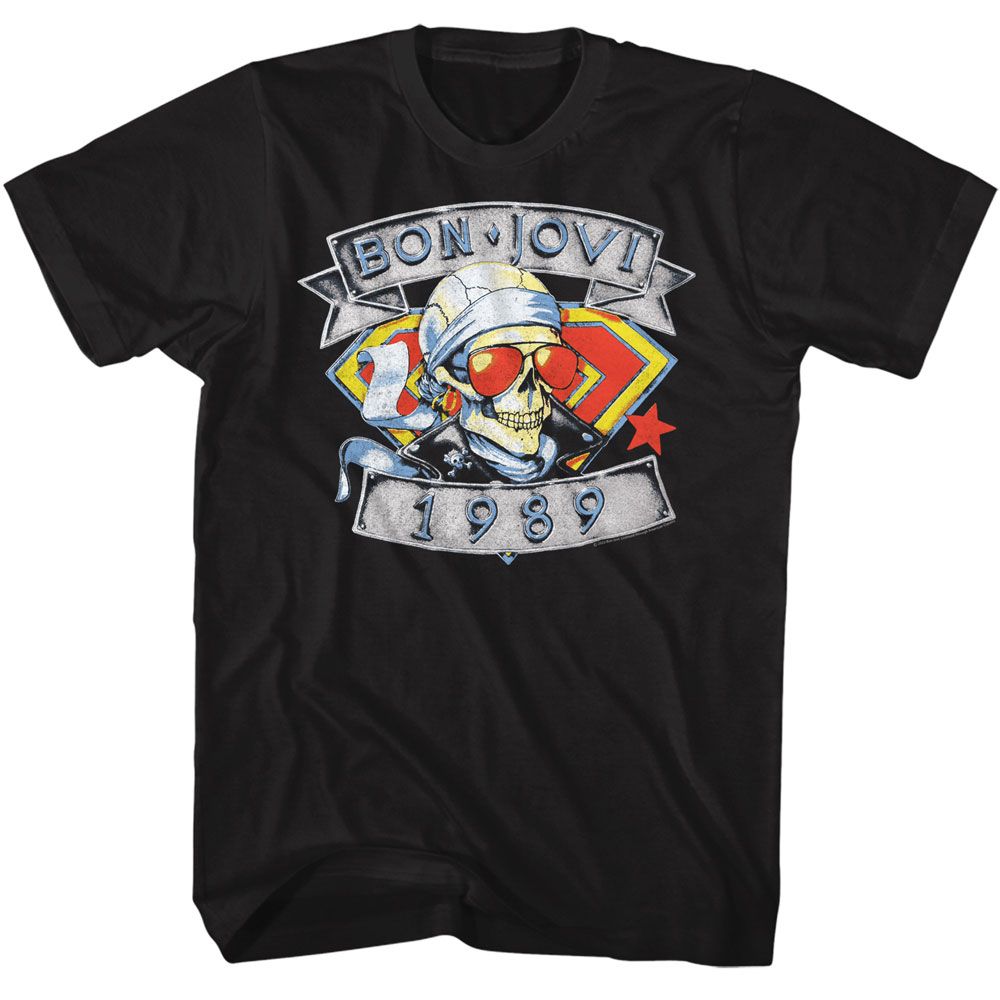 Black Bon Jovi T-shirt featuring a biker skull wearing aviator sunglasses with “1989” text and colorful background design.