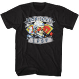 Black Bon Jovi T-shirt featuring a biker skull wearing aviator sunglasses with “1989” text and colorful background design.