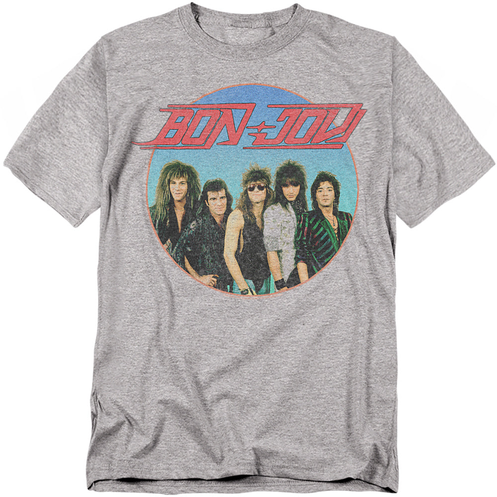 Heather gray Bon Jovi T-shirt featuring a retro 1980s band photo inside a circular graphic with a vintage logo.