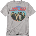Heather gray Bon Jovi T-shirt featuring a retro 1980s band photo inside a circular graphic with a vintage logo.