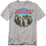 Heather gray Bon Jovi T-shirt featuring a retro 1980s band photo inside a circular graphic with a vintage logo.