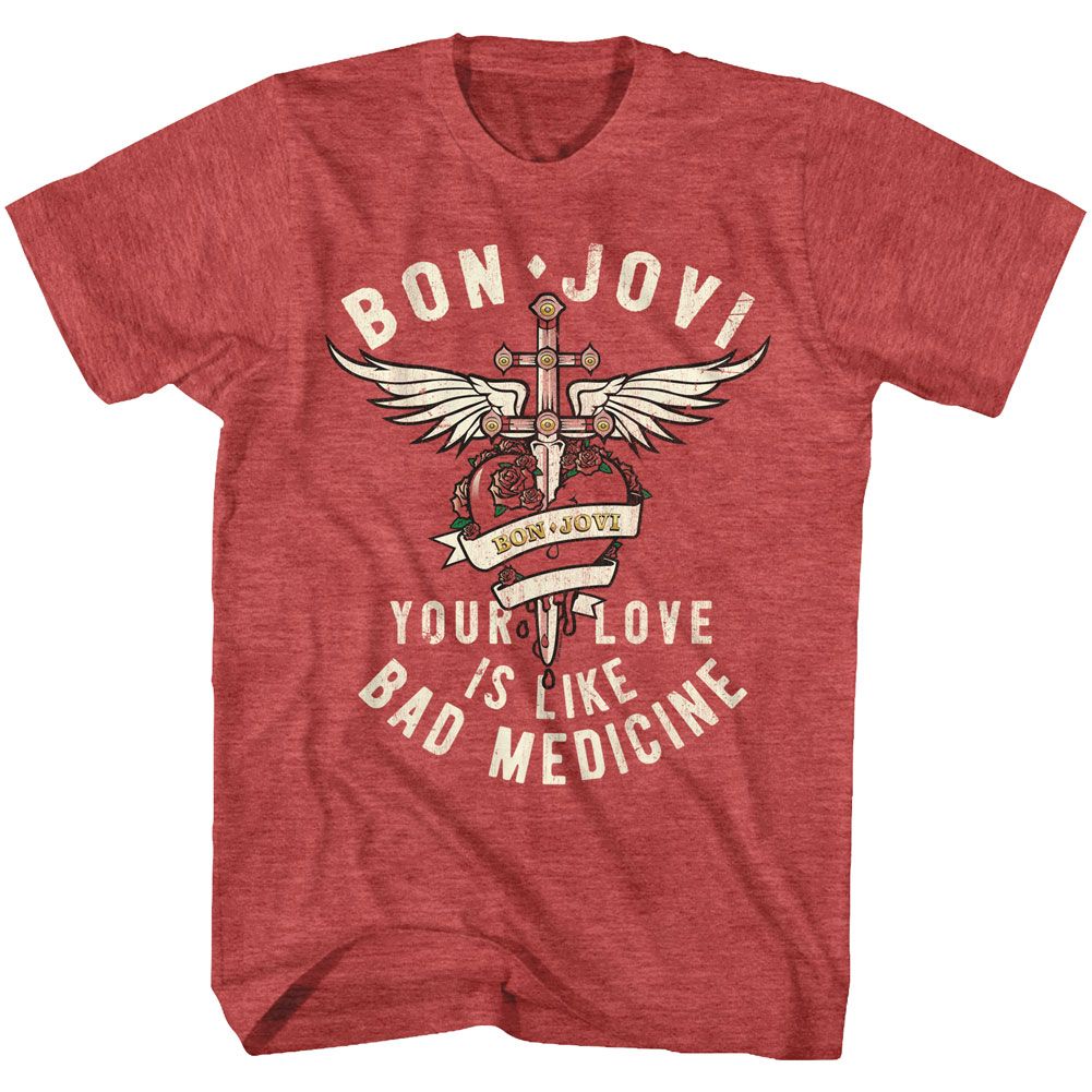 Red Bon Jovi T-shirt featuring the “Your Love Is Like Bad Medicine” heart and dagger logo with wings and roses