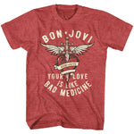 Red Bon Jovi T-shirt featuring the “Your Love Is Like Bad Medicine” heart and dagger logo with wings and roses