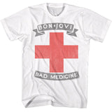 White Bon Jovi T-shirt featuring a large red cross design with “Bad Medicine” and “Bon Jovi” text in distressed print.