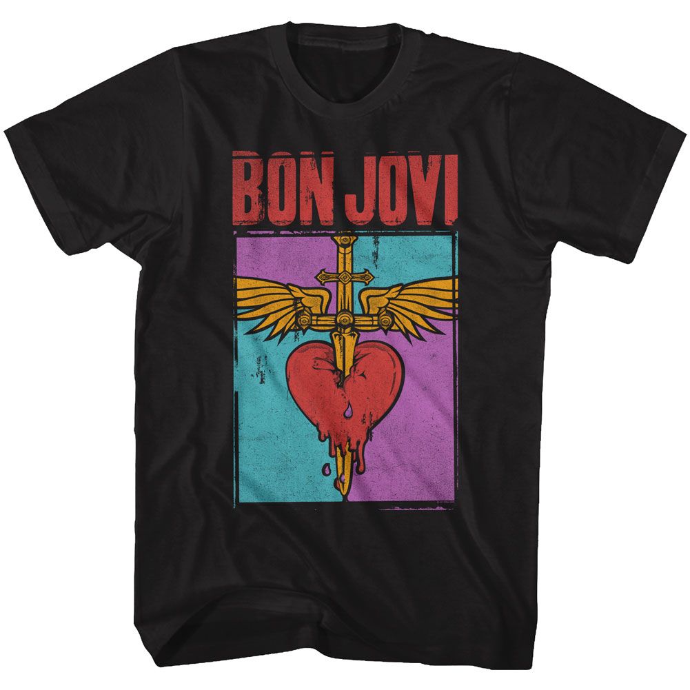 Black Bon Jovi T-shirt featuring a colorful pop-art heart and dagger logo with wings and bold red Bon Jovi text.