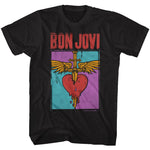 Black Bon Jovi T-shirt featuring a colorful pop-art heart and dagger logo with wings and bold red Bon Jovi text.