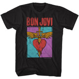 Black Bon Jovi T-shirt featuring a colorful pop-art heart and dagger logo with wings and bold red Bon Jovi text.