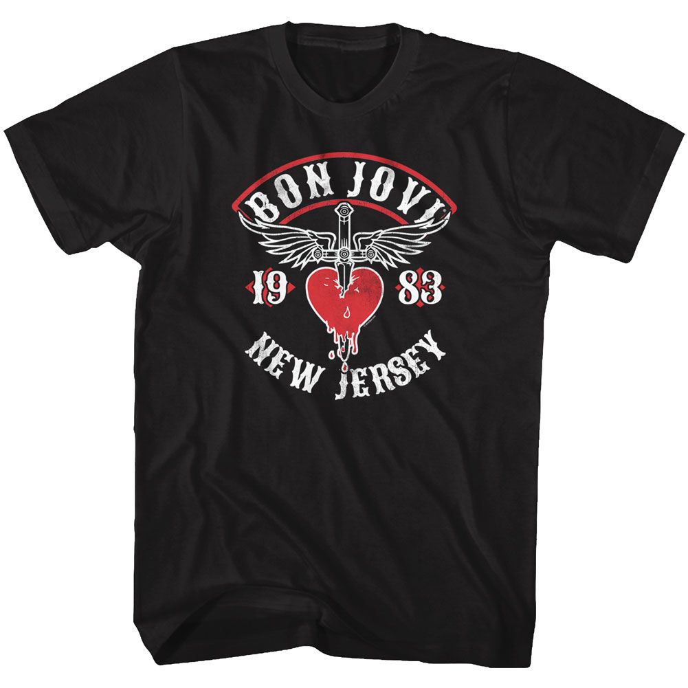 Black Bon Jovi T-shirt featuring red heart and dagger logo with “New Jersey 1983” text in vintage white lettering.