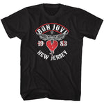 Black Bon Jovi T-shirt featuring red heart and dagger logo with “New Jersey 1983” text in vintage white lettering.