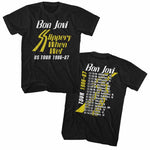 Black Bon Jovi tour T-shirt featuring “Slippery When Wet US Tour 1986-87” design with front logo and back tour dates.