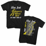 Black Bon Jovi tour T-shirt featuring “Slippery When Wet US Tour 1986-87” design with front logo and back tour dates.