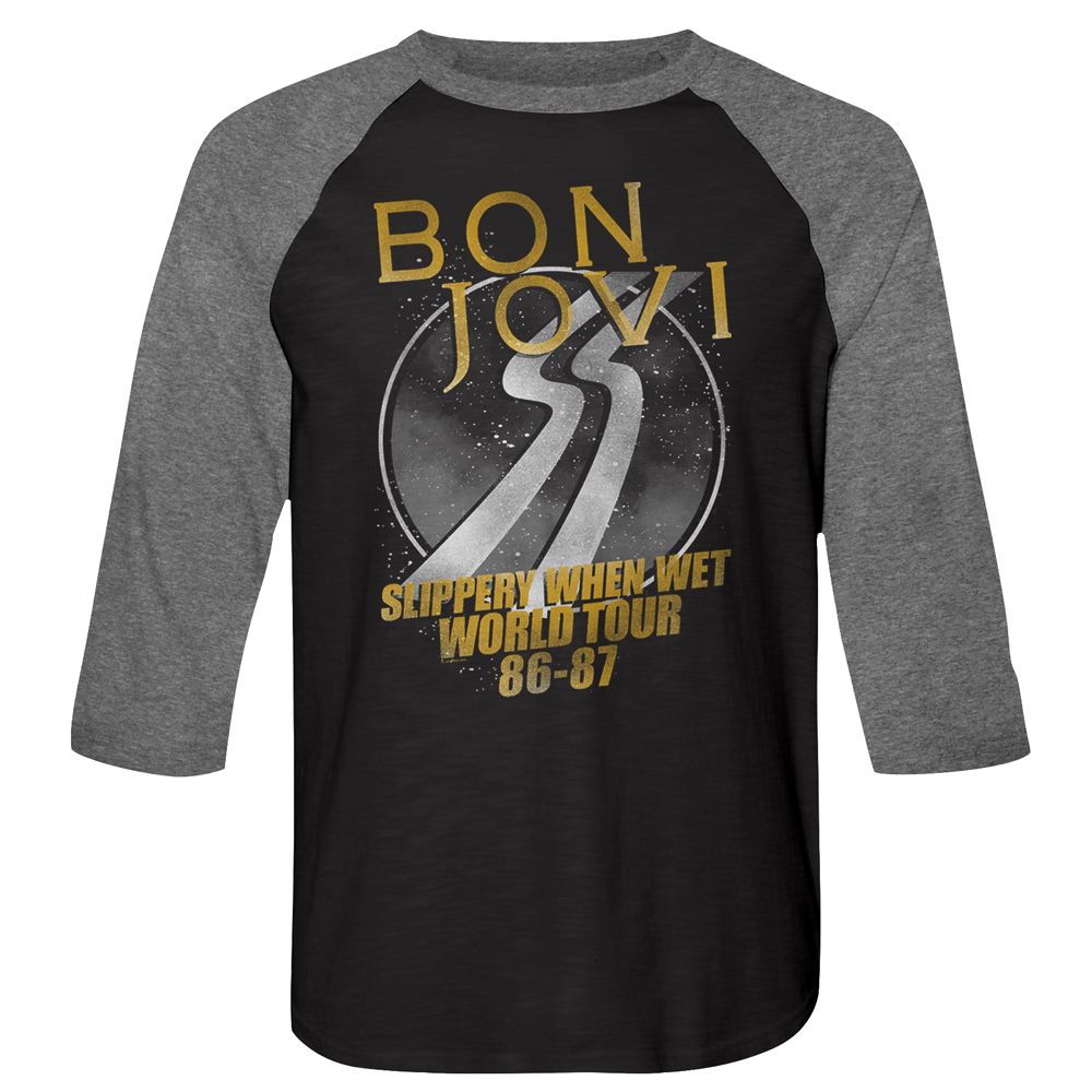 Black and gray Bon Jovi raglan shirt with “Slippery When Wet World Tour 86-87” text and retro road graphic.